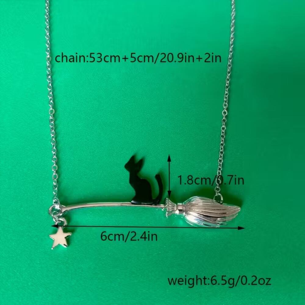 Black Kitty Cat Broom Necklace Silver Witch Pendant Star Charm Chain Jewelry - Picture 3 of 3